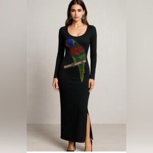 Just Angel Elegant Black Dress with Parrot embellished in Crystals Sz M